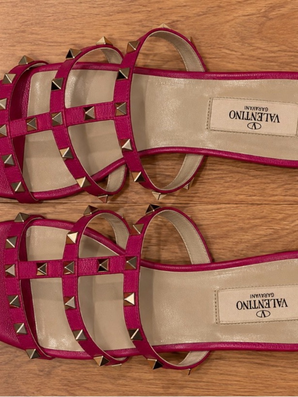 Valentino Pink Leather Rockstud Strappy Slide Sandals